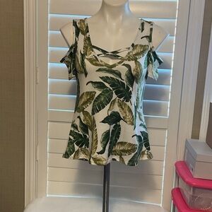 Pinc Green Leaf Print Cold Shoulder Tank Top